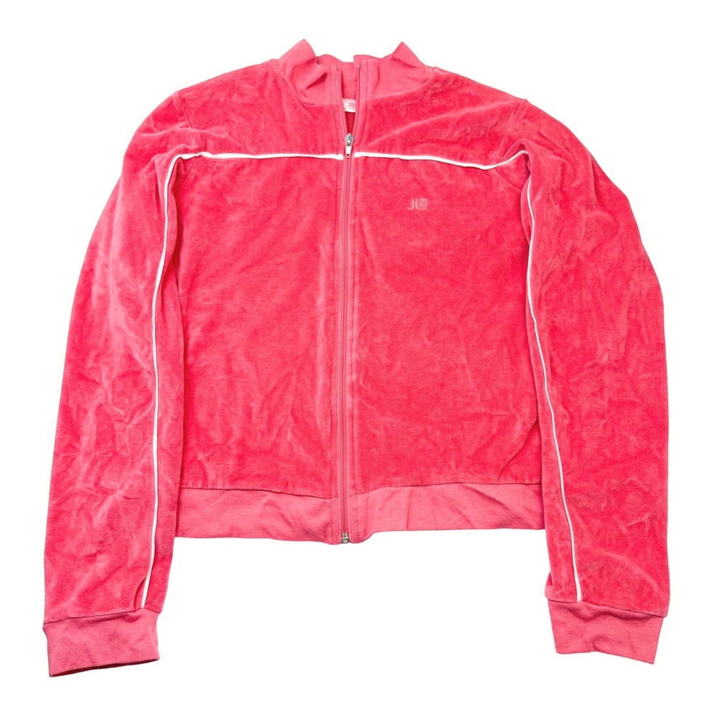 JLO Pink Velour Track Jacket‎ Y2K 2000s Zip Up Womens L Mock Neck Jennifer Lopez